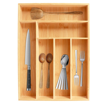 Kitchen Drawer Cutlery Organizer 5/6 Compartments Bamboo Drawer Box Silverware Tray Durable Kitchen Drawer Organizer Tray
